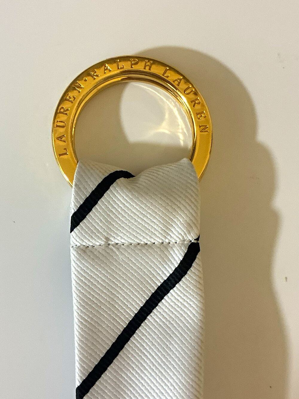 Lauren Ralph Lauren women’s White/Black Striped ribbon belt gold ring belt 40”